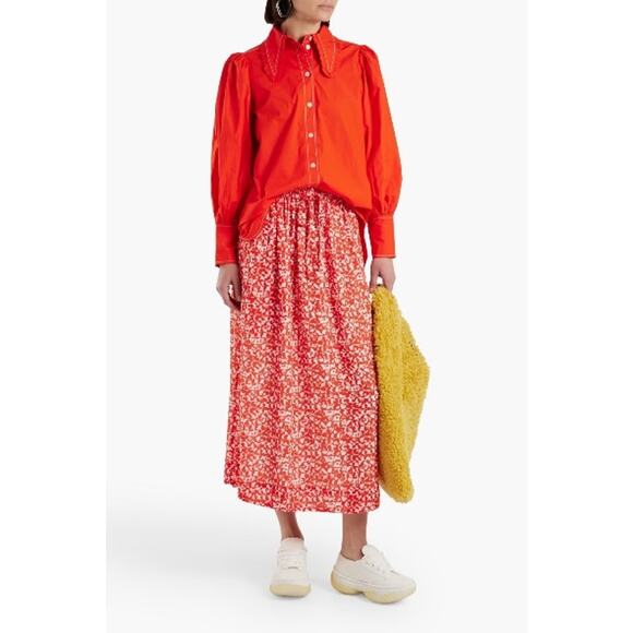 GANNI Floral Printed Crepe Midi Skirt Tomato Red Sz EU 32 / US 2 Made in India - Picture 1 of 9